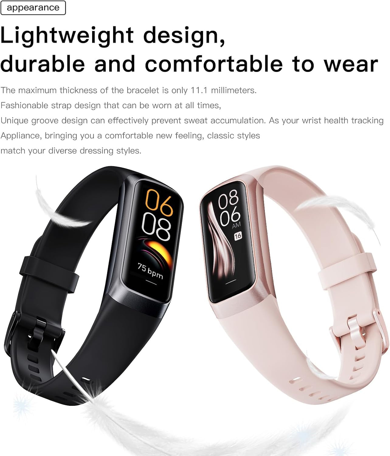 Health and Fitness Tracker for Men and Women - AMOLED Display, Slim Design, 25 Sports Modes, Heart Rate and Blood Pressure Monitor, Alarm, Stopwatch, Timer, Calorie Tracker, IP68 Waterproof