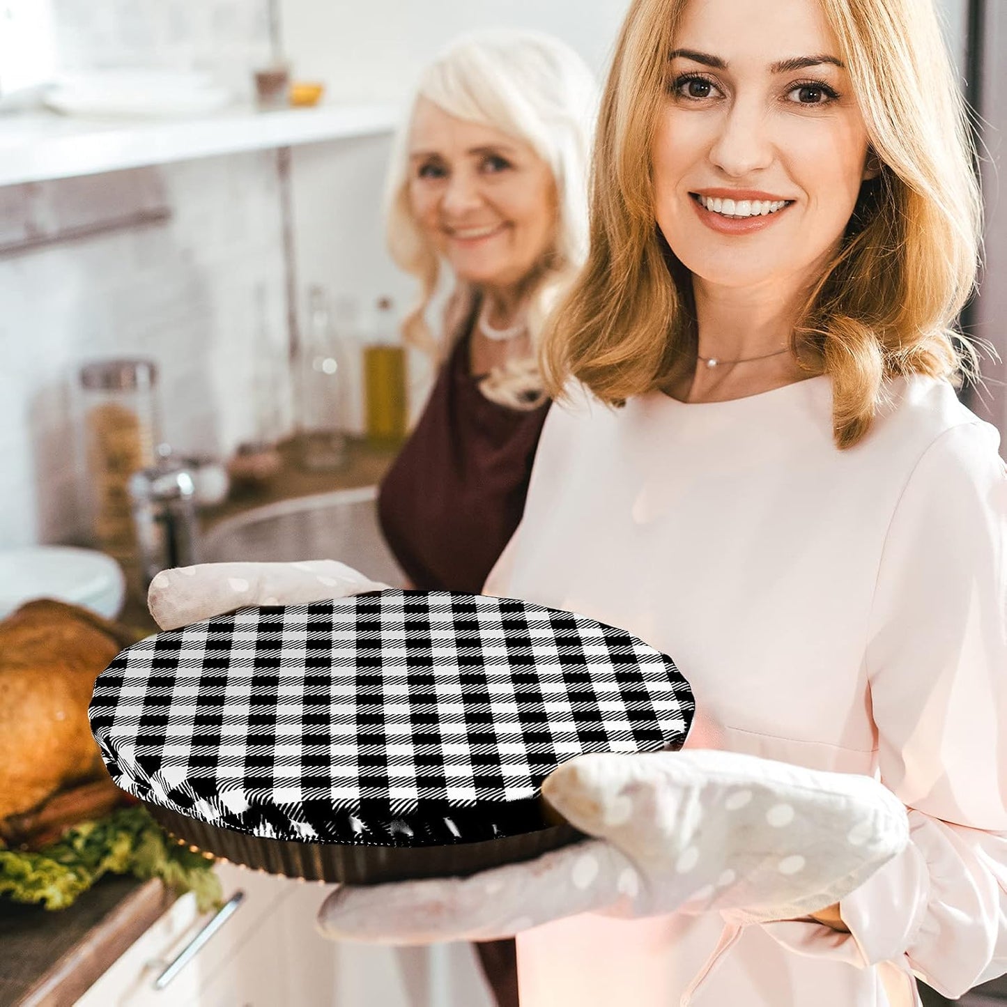 Reusable Bowl Covers Set - 8 Pieces Elastic Food Storage Covers for Baking Dishes, Washable and Versatile for Bread Proofing and Outdoor Use, Fits 6 to 14 Inch Bowls (Black-White Buffalo Plaid)