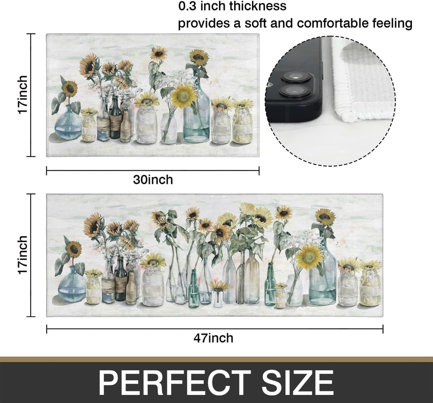 Sunflower Farmhouse Kitchen Rug Set - Colorful Spring and Summer Floral Design, Non-Slip Washable Mats with Rubber Backing (17" x 48" & 17" x 30")
