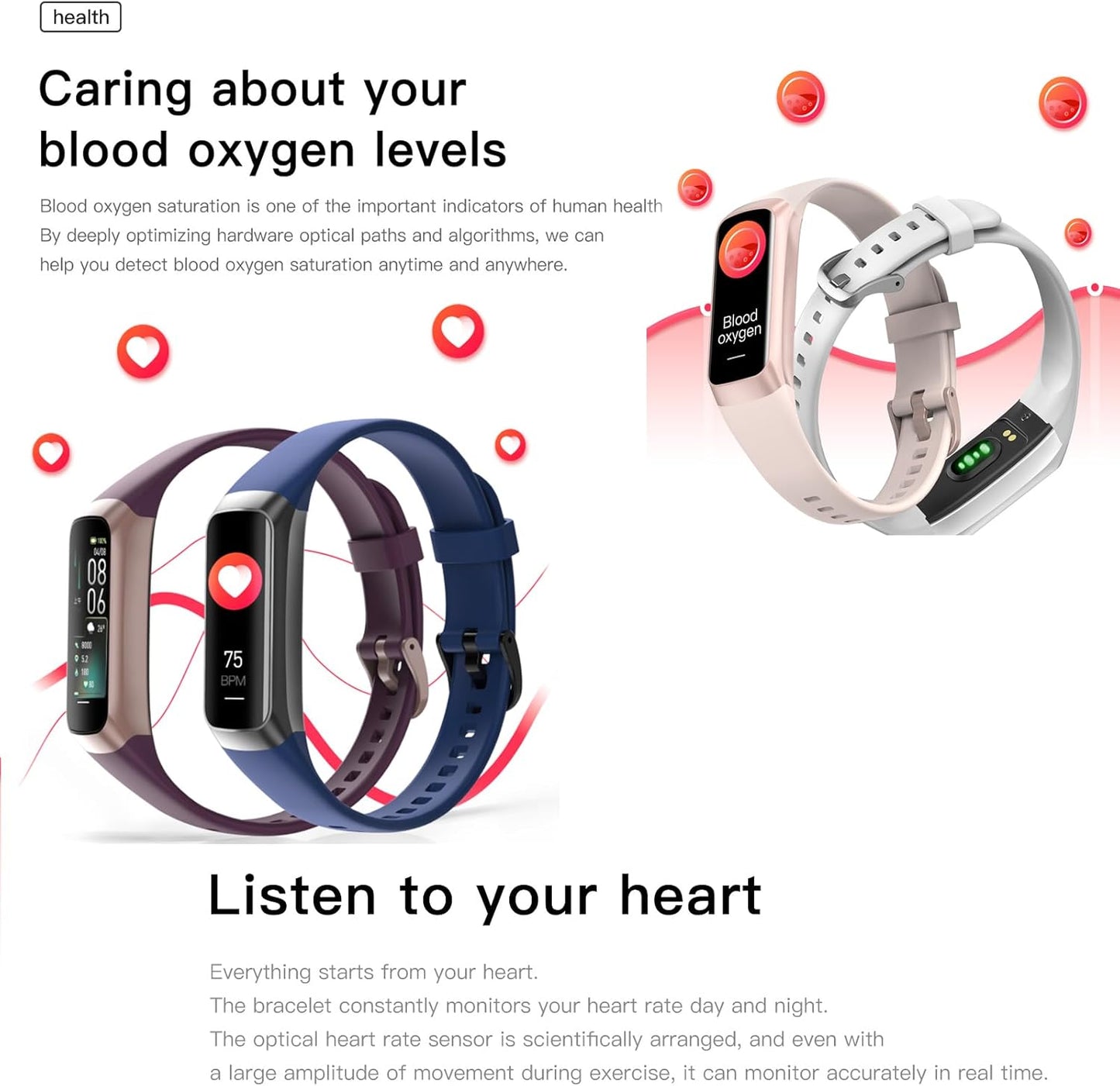 Health and Fitness Tracker for Men and Women - AMOLED Display, Slim Design, 25 Sports Modes, Heart Rate and Blood Pressure Monitor, Alarm, Stopwatch, Timer, Calorie Tracker, IP68 Waterproof