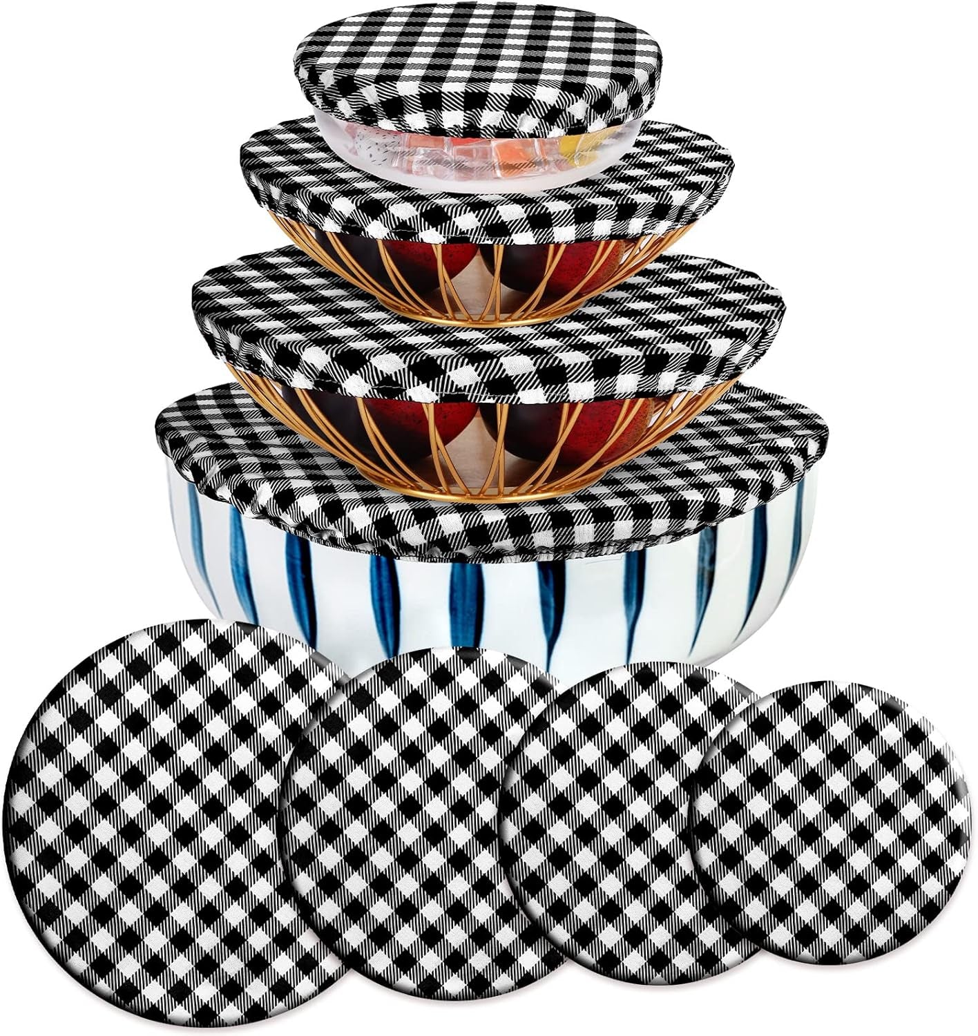 Reusable Bowl Covers Set - 8 Pieces Elastic Food Storage Covers for Baking Dishes, Washable and Versatile for Bread Proofing and Outdoor Use, Fits 6 to 14 Inch Bowls (Black-White Buffalo Plaid)