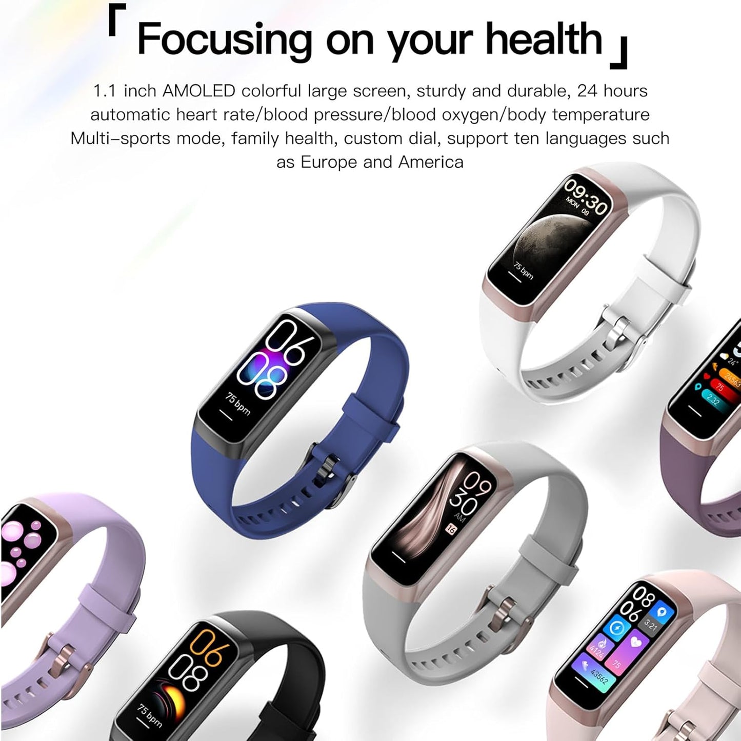 Health and Fitness Tracker for Men and Women - AMOLED Display, Slim Design, 25 Sports Modes, Heart Rate and Blood Pressure Monitor, Alarm, Stopwatch, Timer, Calorie Tracker, IP68 Waterproof