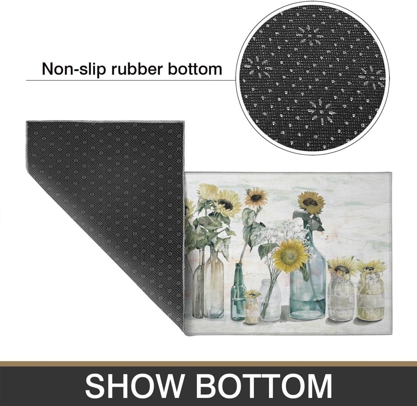 Sunflower Farmhouse Kitchen Rug Set - Colorful Spring and Summer Floral Design, Non-Slip Washable Mats with Rubber Backing (17" x 48" & 17" x 30")