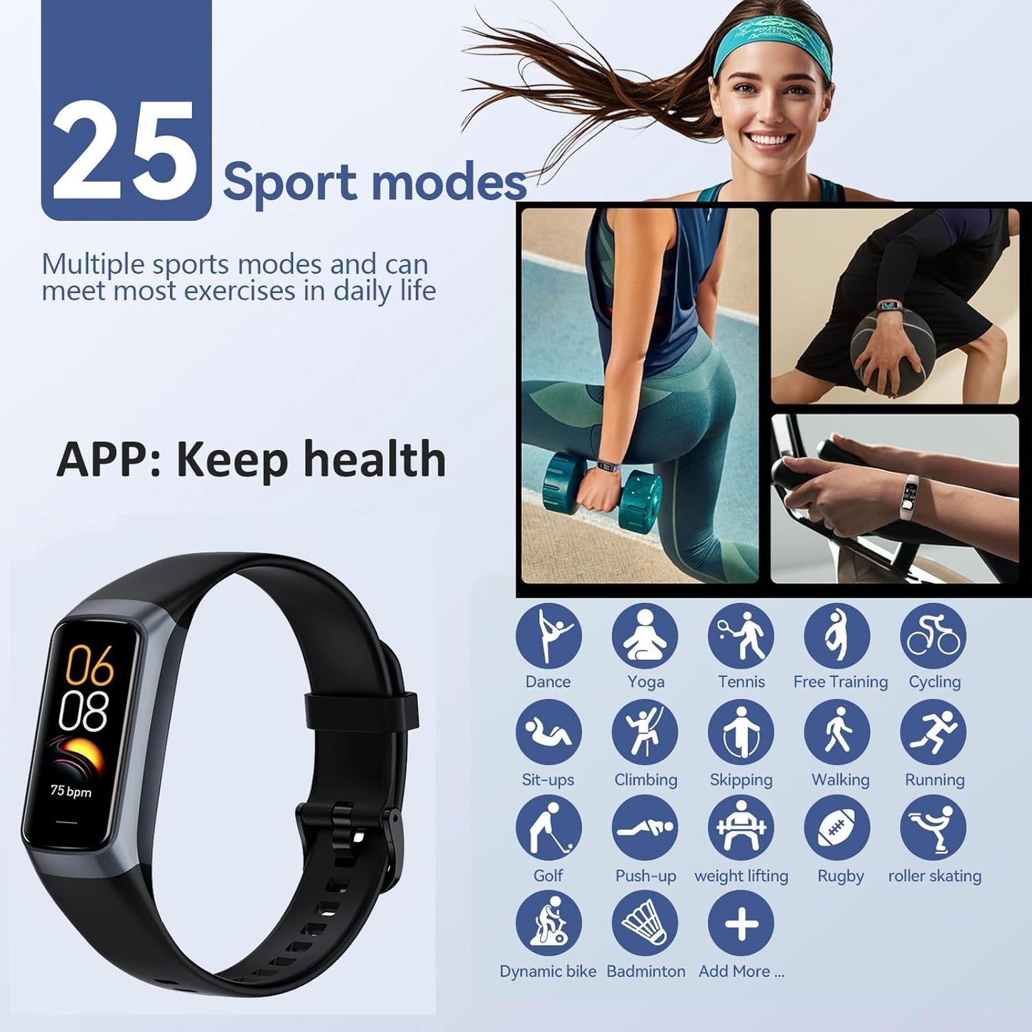 Health and Fitness Tracker for Men and Women - AMOLED Display, Slim Design, 25 Sports Modes, Heart Rate and Blood Pressure Monitor, Alarm, Stopwatch, Timer, Calorie Tracker, IP68 Waterproof