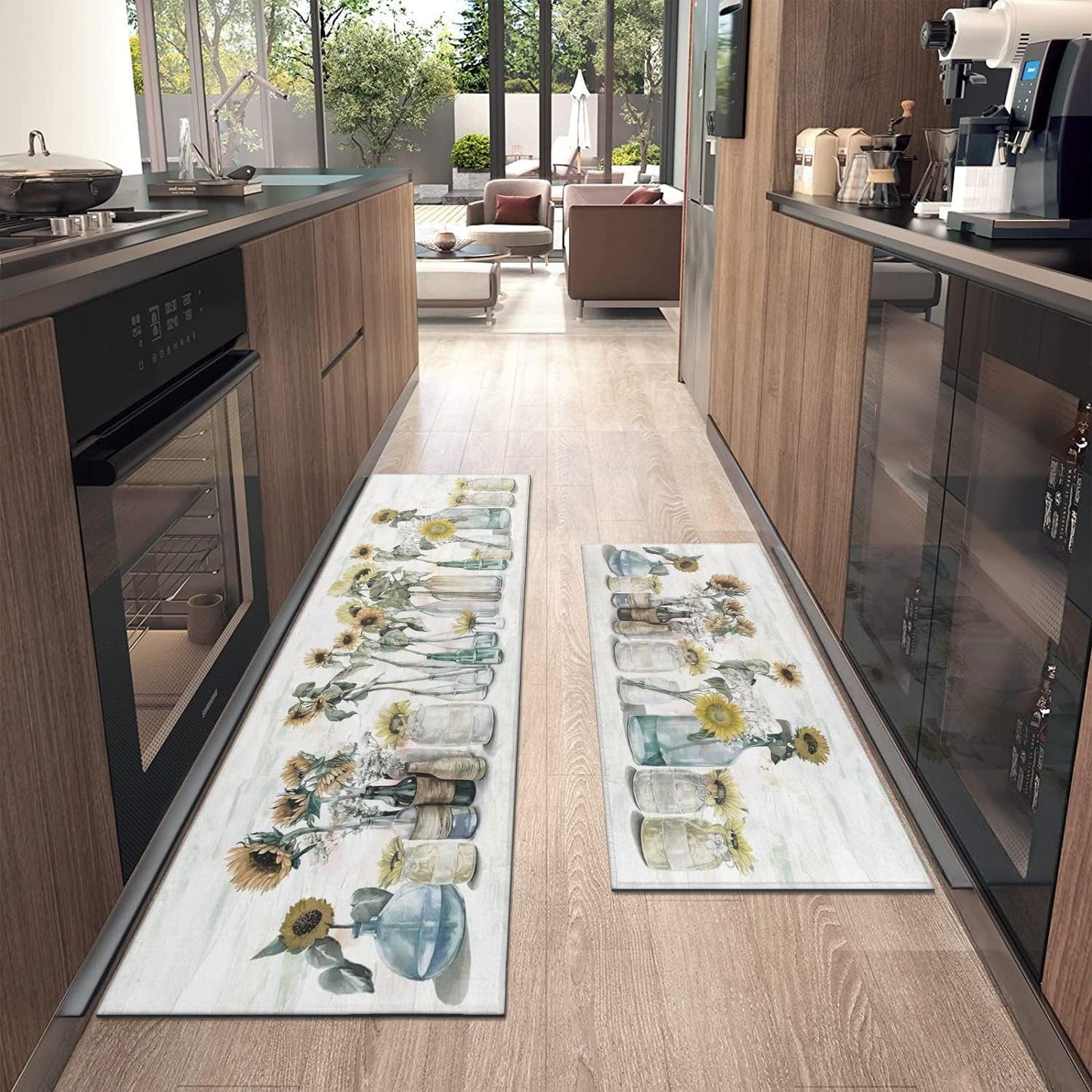Sunflower Farmhouse Kitchen Rug Set - Colorful Spring and Summer Floral Design, Non-Slip Washable Mats with Rubber Backing (17" x 48" & 17" x 30")