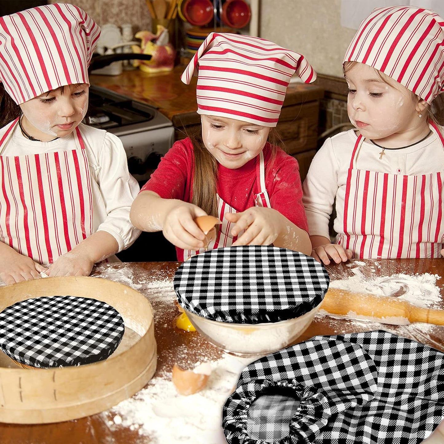 Reusable Bowl Covers Set - 8 Pieces Elastic Food Storage Covers for Baking Dishes, Washable and Versatile for Bread Proofing and Outdoor Use, Fits 6 to 14 Inch Bowls (Black-White Buffalo Plaid)