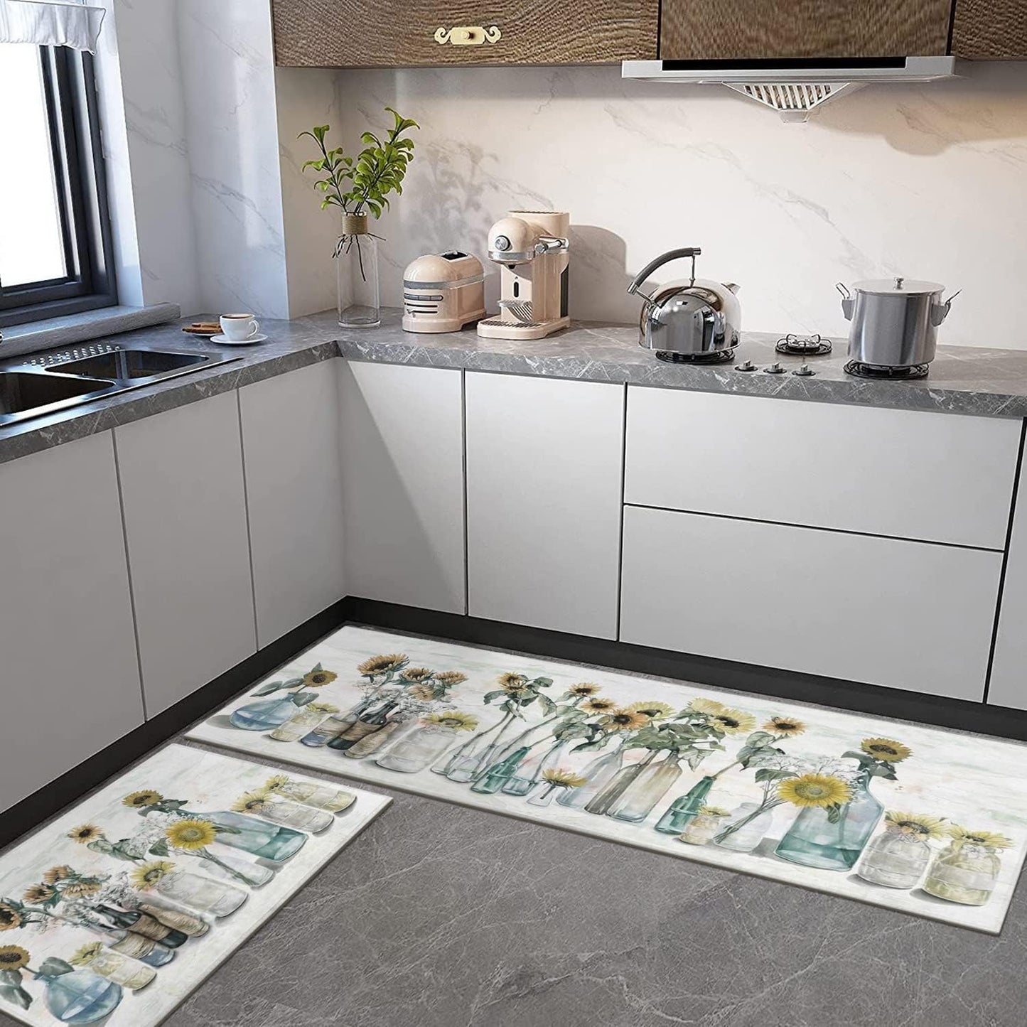 Sunflower Farmhouse Kitchen Rug Set - Colorful Spring and Summer Floral Design, Non-Slip Washable Mats with Rubber Backing (17" x 48" & 17" x 30")