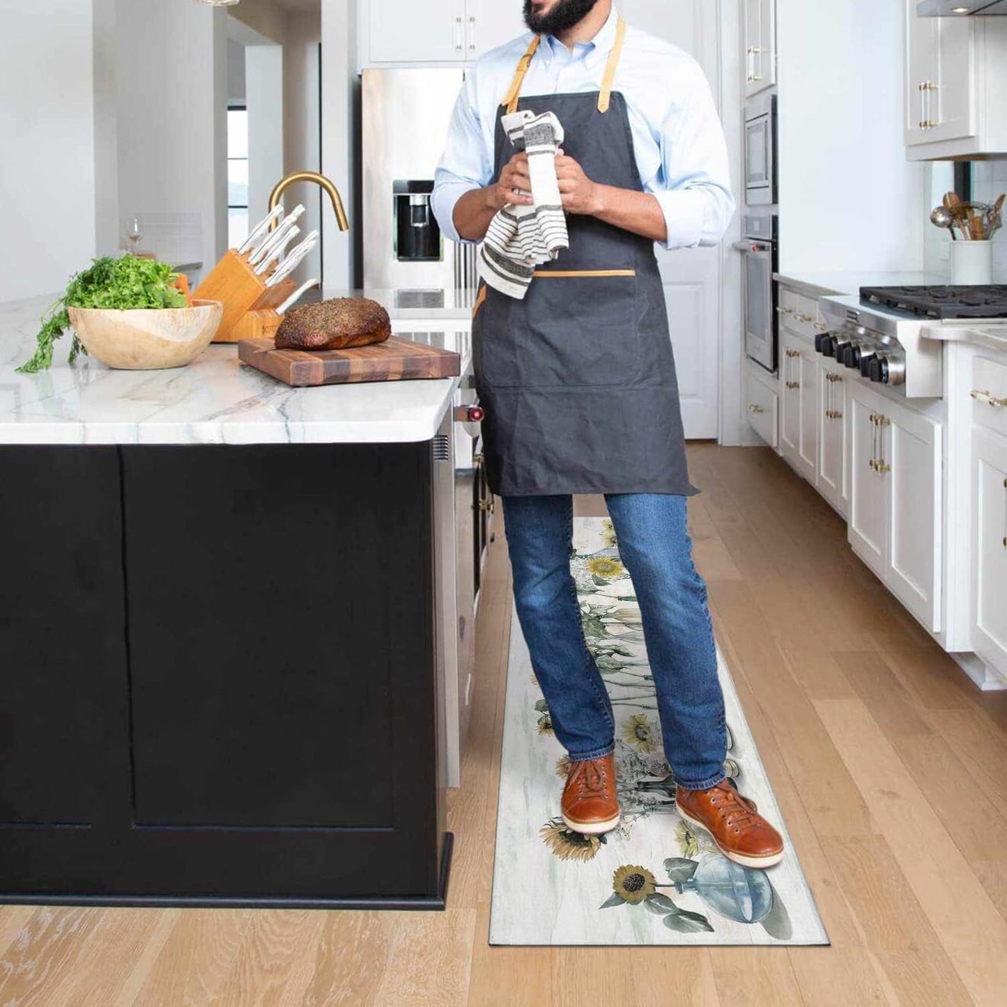 Sunflower Farmhouse Kitchen Rug Set - Colorful Spring and Summer Floral Design, Non-Slip Washable Mats with Rubber Backing (17" x 48" & 17" x 30")