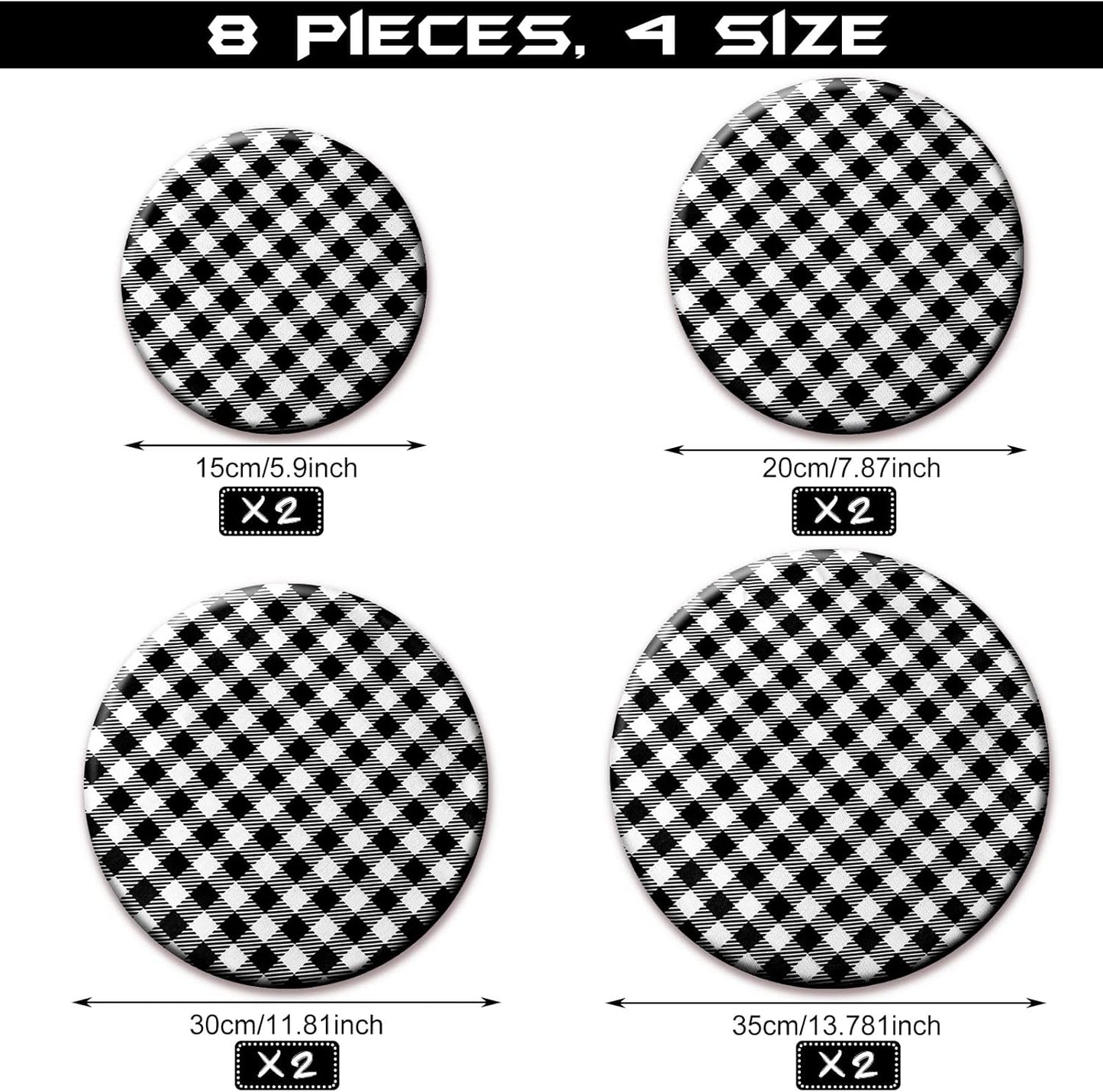 Reusable Bowl Covers Set - 8 Pieces Elastic Food Storage Covers for Baking Dishes, Washable and Versatile for Bread Proofing and Outdoor Use, Fits 6 to 14 Inch Bowls (Black-White Buffalo Plaid)