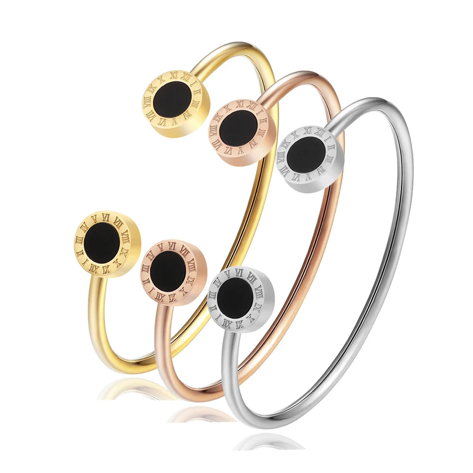 Fashion Hot Selling Women'S Jewelry, Roman Numerals Black Enamel Stainless Steel Open Bracelet Party Gift Bangle Wholesale