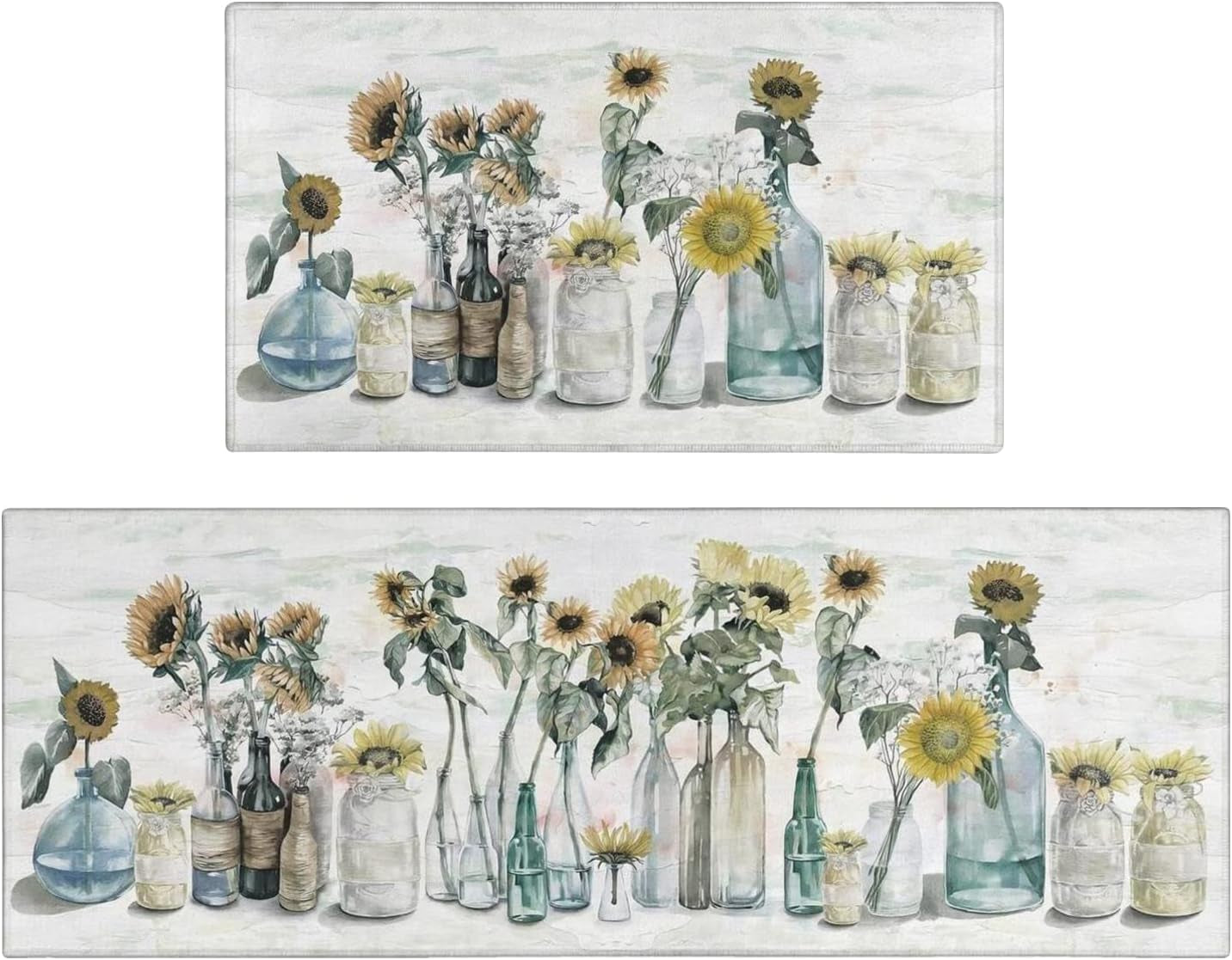 Sunflower Farmhouse Kitchen Rug Set - Colorful Spring and Summer Floral Design, Non-Slip Washable Mats with Rubber Backing (17" x 48" & 17" x 30")