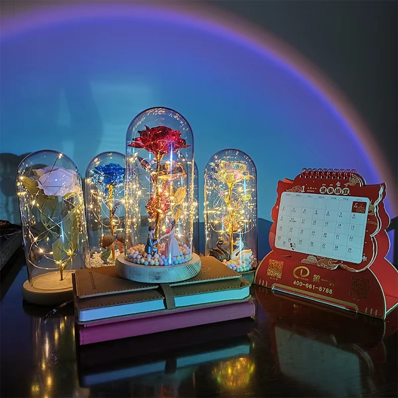 2025 LED Enchanted Galaxy Rose Eternal 24K Gold Foil Flower with Fairy String Lights in Dome for Christmas Valentine'S Day Gift