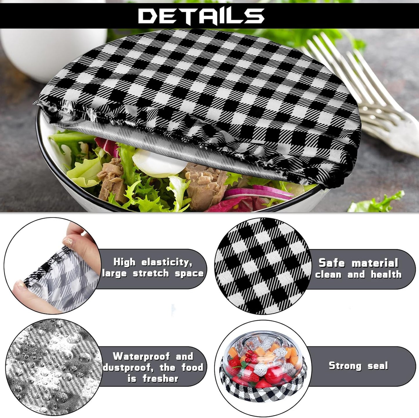 Reusable Bowl Covers Set - 8 Pieces Elastic Food Storage Covers for Baking Dishes, Washable and Versatile for Bread Proofing and Outdoor Use, Fits 6 to 14 Inch Bowls (Black-White Buffalo Plaid)