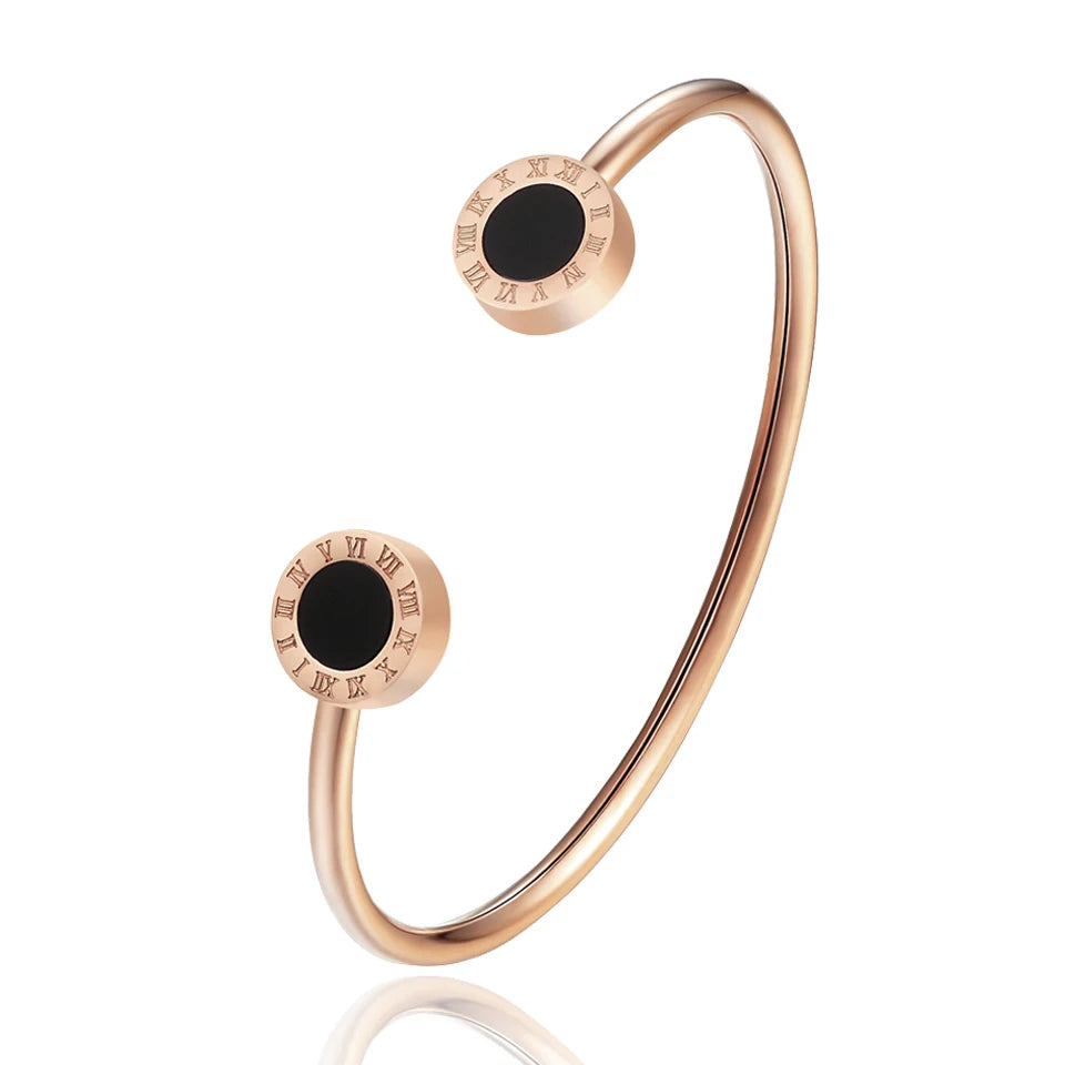 Fashion Hot Selling Women'S Jewelry, Roman Numerals Black Enamel Stainless Steel Open Bracelet Party Gift Bangle Wholesale