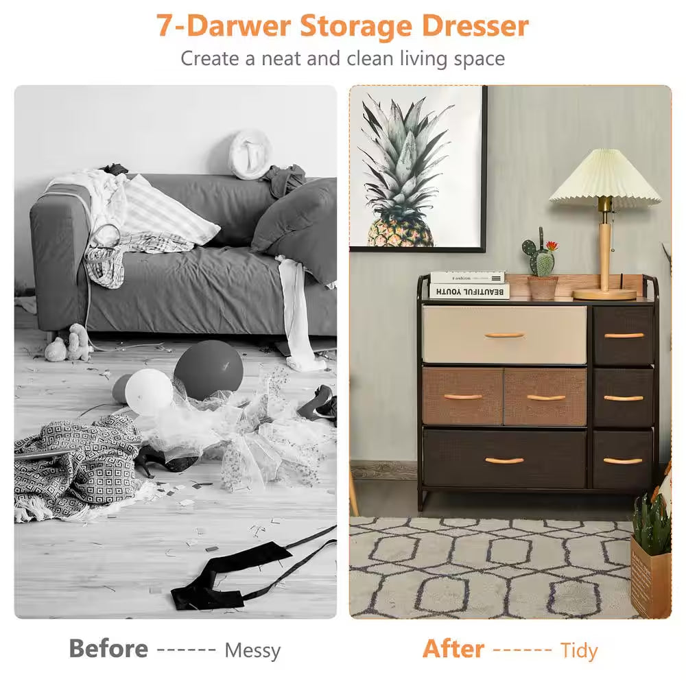 7-Drawer Cream Dresser Storage with Wooden Top 31 In. X 31.5 In. X 11.5 In.
