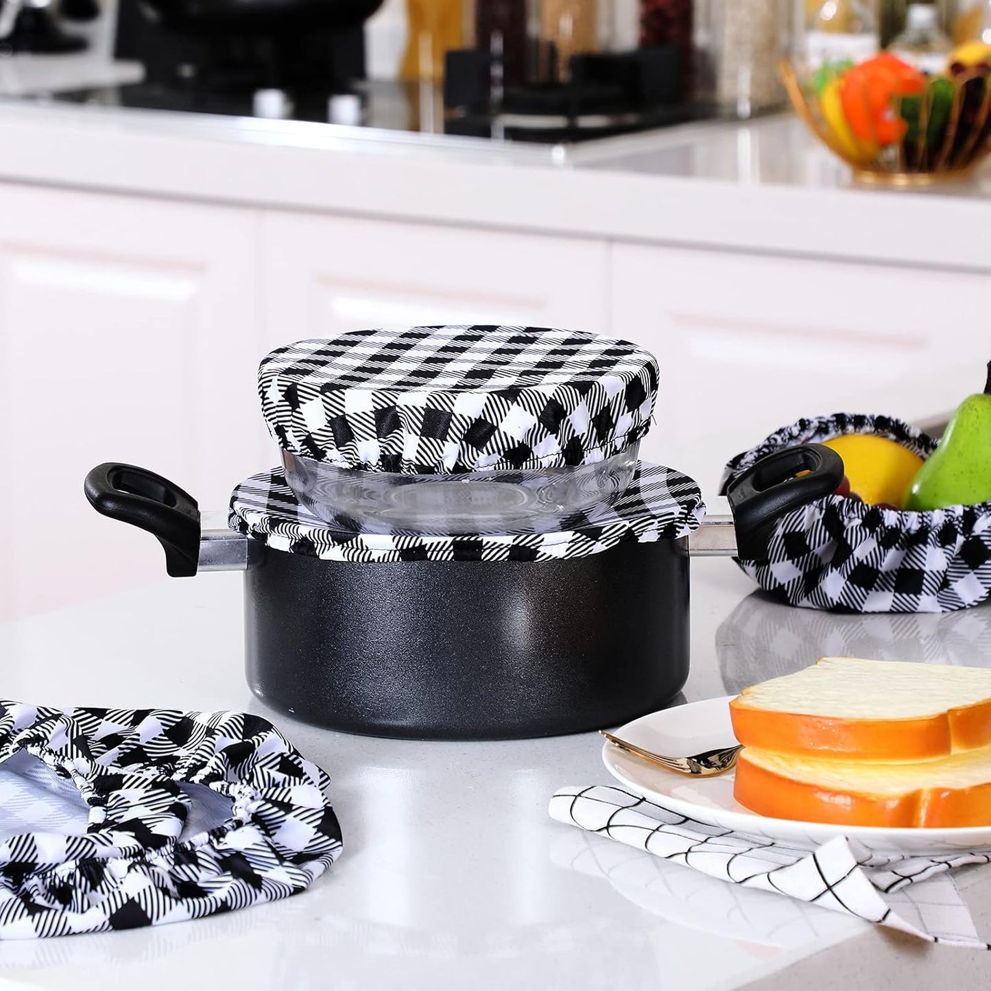 Reusable Bowl Covers Set - 8 Pieces Elastic Food Storage Covers for Baking Dishes, Washable and Versatile for Bread Proofing and Outdoor Use, Fits 6 to 14 Inch Bowls (Black-White Buffalo Plaid)