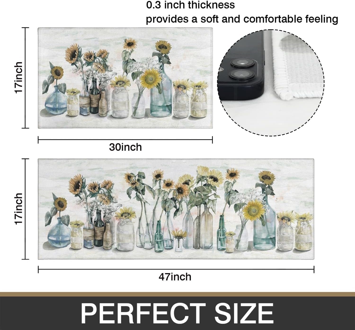 Sunflower Farmhouse Kitchen Rug Set - Colorful Spring and Summer Floral Design, Non-Slip Washable Mats with Rubber Backing (17" x 48" & 17" x 30")