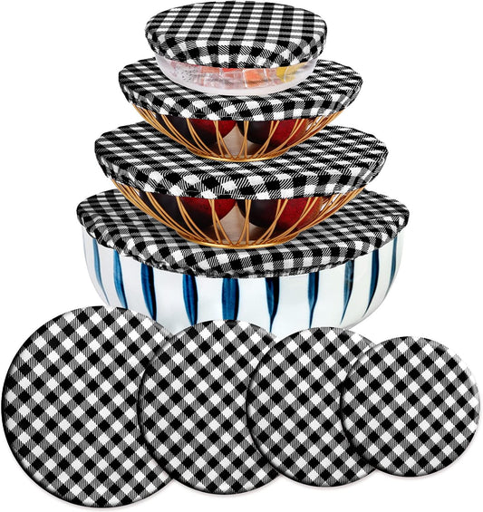 Reusable Bowl Covers Set - 8 Pieces Elastic Food Storage Covers for Baking Dishes, Washable and Versatile for Bread Proofing and Outdoor Use, Fits 6 to 14 Inch Bowls (Black-White Buffalo Plaid)