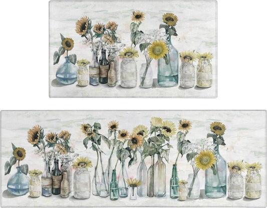 Sunflower Farmhouse Kitchen Rug Set - Colorful Spring and Summer Floral Design, Non-Slip Washable Mats with Rubber Backing (17" x 48" & 17" x 30")
