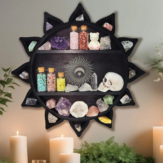 Wooden Crystal Display Stand Black Wall Mounted Floating Shelf for Wall Gemstones Statues Art Small Plants Candles Home Decor