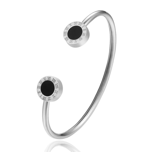 Fashion Hot Selling Women'S Jewelry, Roman Numerals Black Enamel Stainless Steel Open Bracelet Party Gift Bangle Wholesale